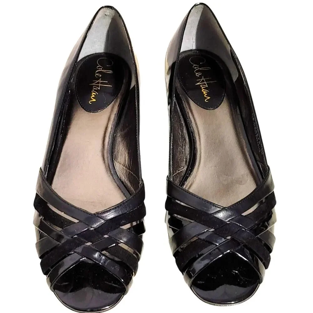 Cole Haan Peep Toe Patent Leather Flats Black Shoes Womens 7B Made in Brazil